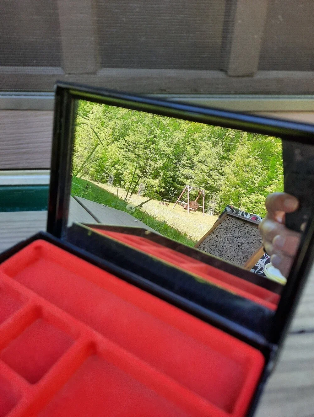 Vintage Asian Black Hard Plastic Peony Painted Lined Mirror Jewelry Box Small